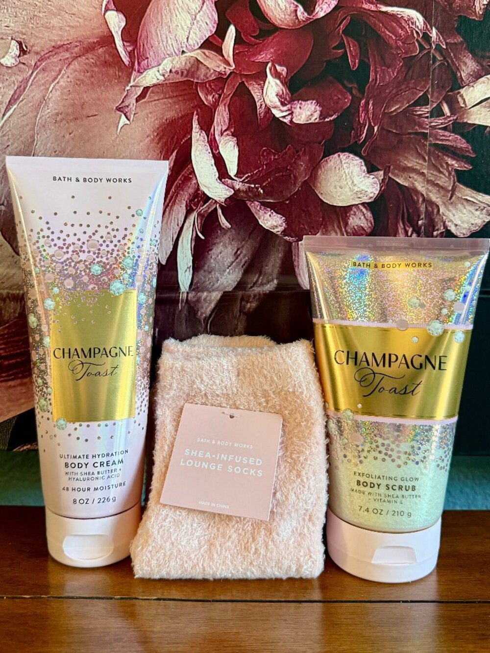 NEW 3-Pc CHAMPAGNE TOAST Full Size Body Cream, Infused Socks, & Body Scrub BBW